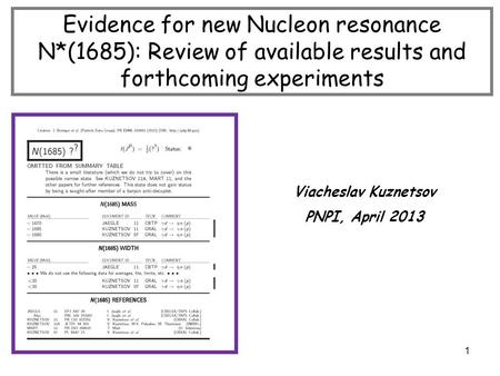 9/19/20151 Evidence for new Nucleon resonance N*(1685): Review of available results and forthcoming experiments Viacheslav Kuznetsov PNPI, April 2013.