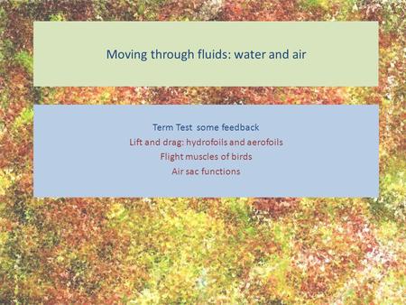 Moving through fluids: water and air Term Test some feedback Lift and drag: hydrofoils and aerofoils Flight muscles of birds Air sac functions.