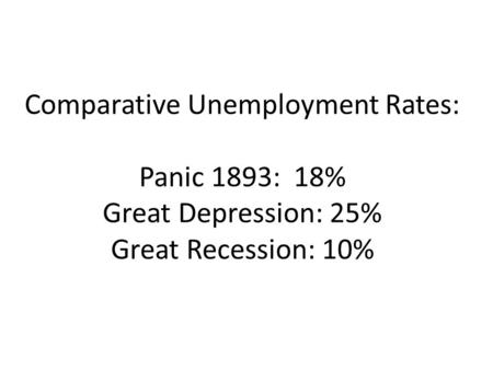 Comparative Unemployment Rates: Panic 1893: 18% Great Depression: 25% Great Recession: 10%