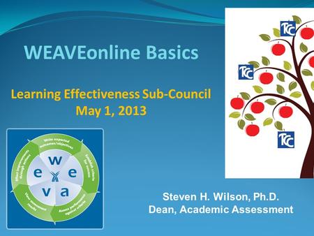 WEAVEonline Basics Steven H. Wilson, Ph.D. Dean, Academic Assessment Learning Effectiveness Sub-Council May 1, 2013.