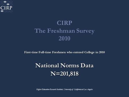 CIRP The Freshman Survey 2010 First-time Full-time Freshmen who entered College in 2010 National Norms Data N=201,818 Higher Education Research Institute,