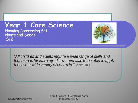 Core 1 Science Student Skills Plants and Seeds 2012 KP Year 1 Core Science Planning /Assessing Sc1 Plants and Seeds Sc2 “All children and adults require.