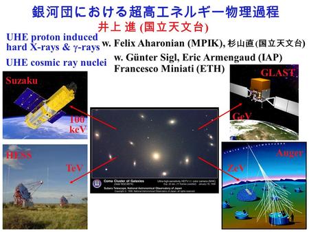 銀河団における超高エネルギー物理過程 w. Felix Aharonian (MPIK), 杉山直 ( 国立天文台 ) 井上 進 ( 国立天文台 ) w. Günter Sigl, Eric Armengaud (IAP) Francesco Miniati (ETH) ZeV GeV TeV 100.