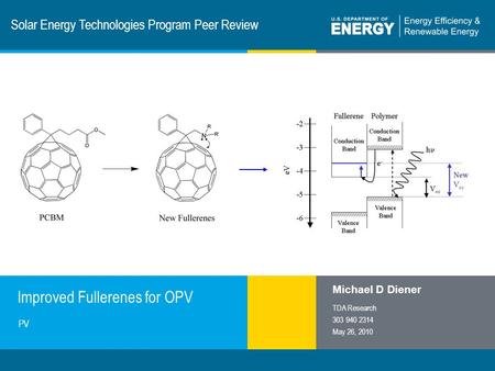 1 | Program Name or Ancillary Texteere.energy.gov Solar Energy Technologies Program Peer Review Improved Fullerenes for OPV Michael D Diener TDA Research.