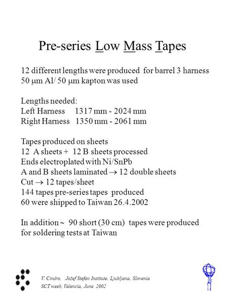 V. Cindro, Jožef Stefan Institute, Ljubljana, Slovenia SCT week, Valencia, June 2002 Pre-series Low Mass Tapes 12 different lengths were produced for barrel.