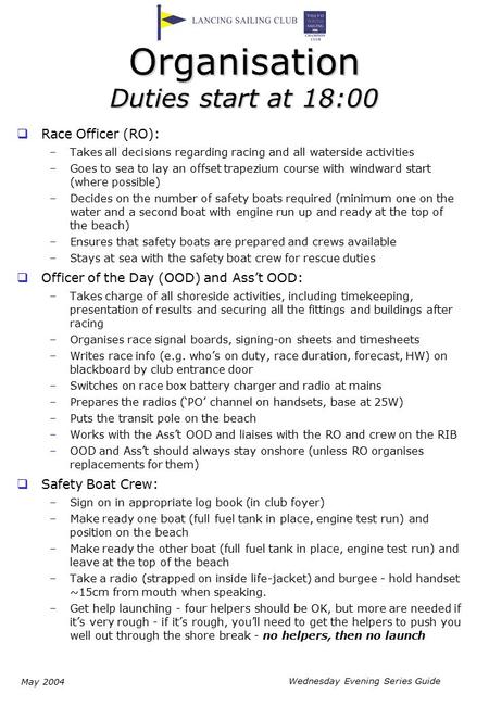 Wednesday Evening Series Guide May 2004 Organisation Duties start at 18:00  Race Officer (RO): –Takes all decisions regarding racing and all waterside.