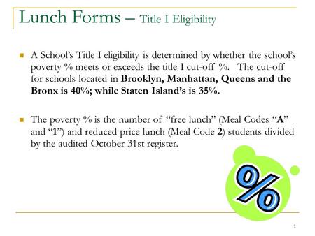 1 A School’s Title I eligibility is determined by whether the school’s poverty % meets or exceeds the title I cut-off %. The cut-off for schools located.