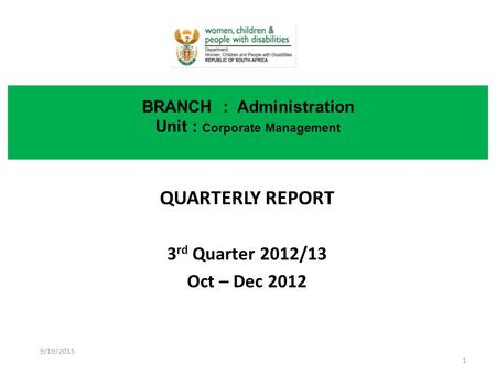 QUARTERLY REPORT 3 rd Quarter 2012/13 Oct – Dec 2012 BRANCH : Administration Unit : Corporate Management 9/19/2015 1.