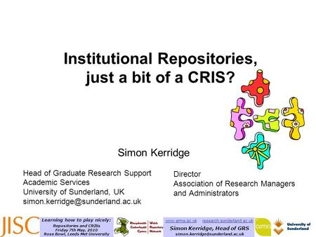 Simon Kerridge, Head of GRS research.sunderland.ac.uk Learning how to play nicely: Repositories and CRISs Friday 7th May,