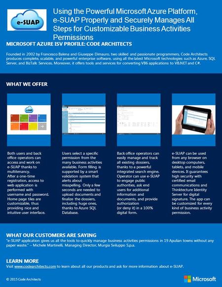 Using the Powerful Microsoft Azure Platform, e-SUAP Properly and Securely Manages All Steps for Customizable Business Activities Permissions MICROSOFT.