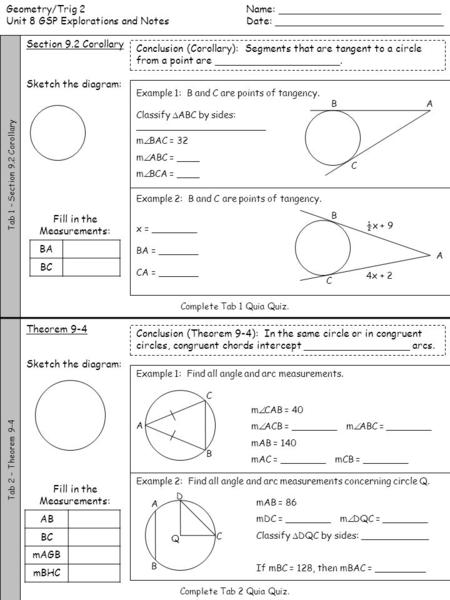 Tab 1 – Section 9.2 Corollary Geometry/Trig 2Name: __________________________ Unit 8 GSP Explorations and NotesDate: ___________________________ Tab 2.