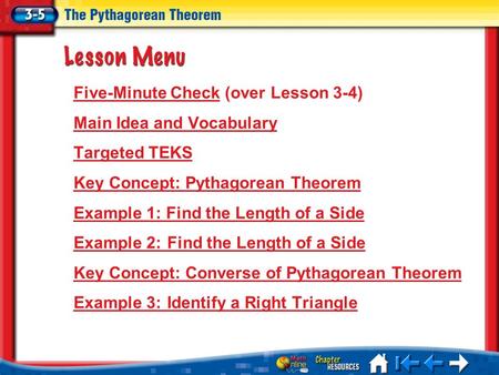 Five-Minute Check (over Lesson 3-4) Main Idea and Vocabulary