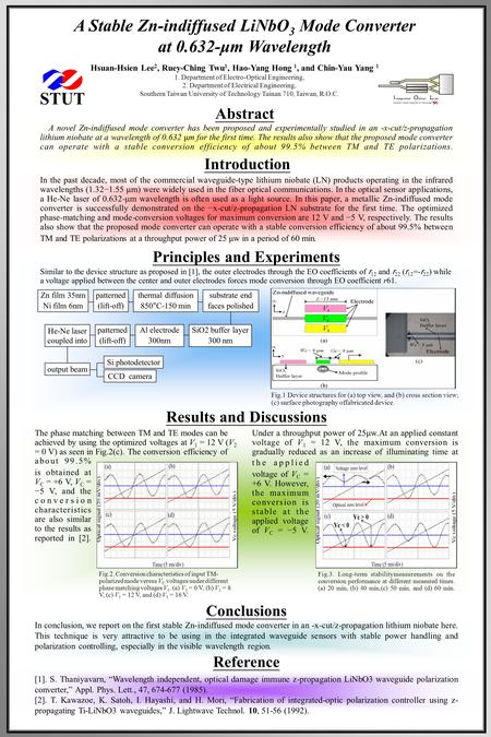 A Stable Zn-indiffused LiNbO 3 Mode Converter at 0.632-μm Wavelength STUT Hsuan-Hsien Lee 2, Ruey-Ching Twu 1, Hao-Yang Hong 1, and Chin-Yau Yang 1 1.