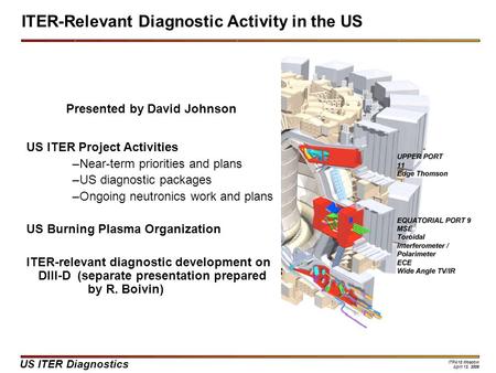 US ITER Diagnostics ITPA10 Moscow April 13, 2006 Presented by David Johnson US ITER Project Activities –Near-term priorities and plans –US diagnostic packages.