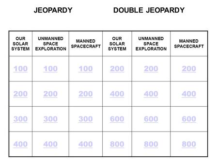OUR SOLAR SYSTEM UNMANNED SPACE EXPLORATION MANNED SPACECRAFT OUR SOLAR SYSTEM UNMANNED SPACE EXPLORATION MANNED SPACECRAFT 100 200 400 300 600 400 800.