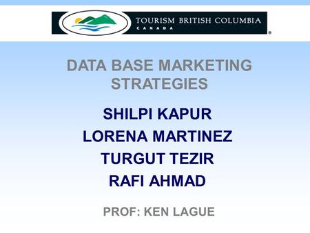 SHILPI KAPUR LORENA MARTINEZ TURGUT TEZIR RAFI AHMAD DATA BASE MARKETING STRATEGIES PROF: KEN LAGUE.