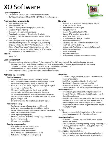 XO Software Operating system Linux Kernel: Linux 2.6.22; Fedora 7 base environment OLPC-specific bits available on OLPC-2.6 GIT tree at dev.laptop.org.