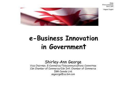 E-Business Innovation in Governmen t Shirley-Ann George Vice Chairman, E-Commerce/Telecommunications Committee Cdn Chamber of Commerce/Cdn Intl. Chamber.