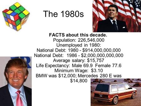 The 1980s FACTS about this decade. Population: 226,546,000 Unemployed in 1980: National Debt: 1980 - $914,000,000,000 National Debt: 1986 - $2,000,000,000,000.