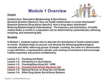 DrugEpi 1-4 Counting HS Marijuana Use Module 1 Overview Context Content Area: Descriptive Epidemiology & Surveillance Essential Question (Generic): How.