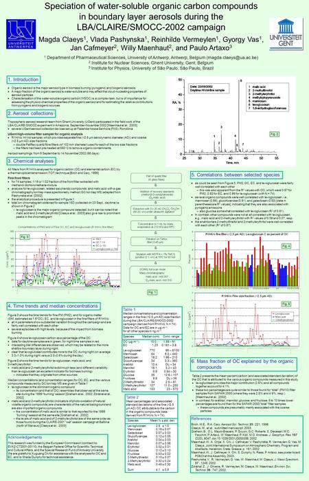 Speciation of water-soluble organic carbon compounds in boundary layer aerosols during the LBA/CLAIRE/SMOCC-2002 campaign Magda Claeys 1, Vlada Pashynska.