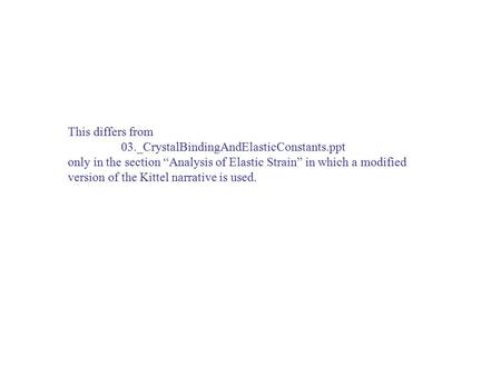 This differs from 03._CrystalBindingAndElasticConstants.ppt only in the section “Analysis of Elastic Strain” in which a modified version of the Kittel.