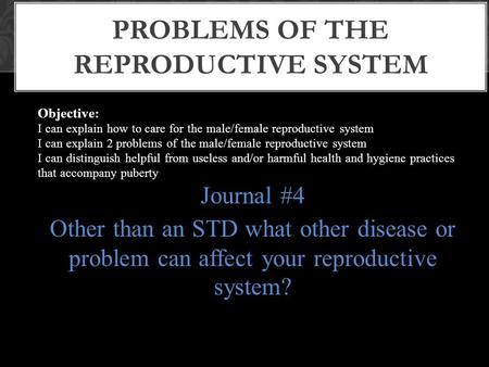 Objective: I can explain how to care for the male/female reproductive system I can explain 2 problems of the male/female reproductive system I can distinguish.