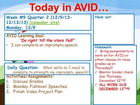 Week #9 Quarter 2 (12/9/13- 12/13/13) (calendar site)(calendar site) Monday, 12/9 Have out: Activities/Assignments: 1.Discuss Grades 2.Monday Fishbowl.