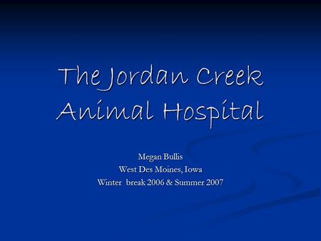 The Jordan Creek Animal Hospital Megan Bullis West Des Moines, Iowa Winter break 2006 & Summer 2007.