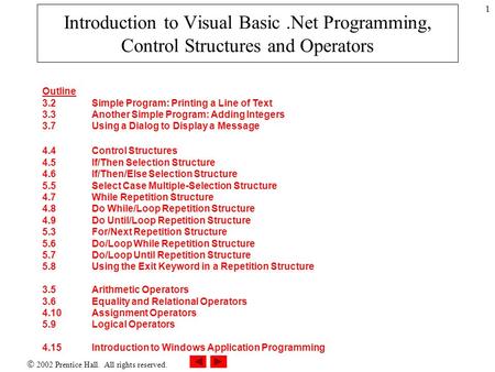  2002 Prentice Hall. All rights reserved. 1 Outline 3.2Simple Program: Printing a Line of Text 3.3Another Simple Program: Adding Integers 3.7Using a Dialog.