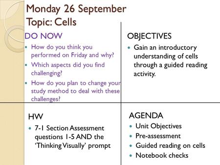 Monday 26 September Topic: Cells DO NOW How do you think you performed on Friday and why? Which aspects did you find challenging? How do you plan to change.