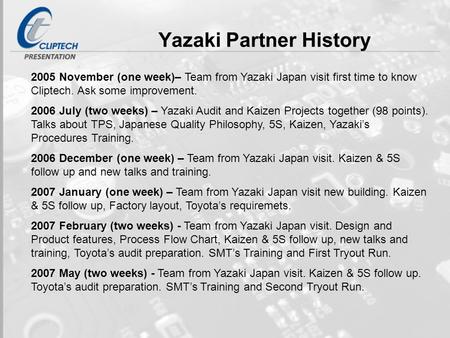 Yazaki Partner History 2005 November (one week)– Team from Yazaki Japan visit first time to know Cliptech. Ask some improvement. 2006 July (two weeks)