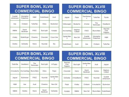 SUPER BOWL XLVIII COMMERCIAL BINGO SUPER BOWL XLVIII COMMERCIAL BINGO