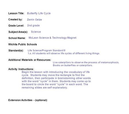 Lesson Title: Created by: Grade Level: Subject Area(s): School Name: Wichita Public Schools Standard(s): Additional Materials or Resources: Activity Instructions: