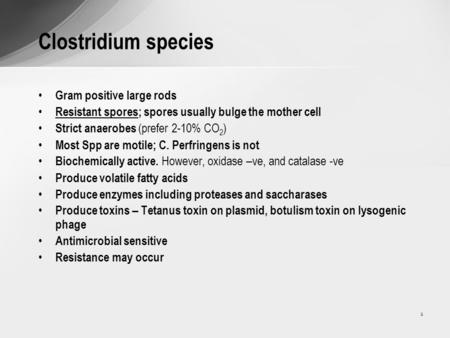 1 Clostridium species Gram positive large rods Resistant spores; spores usually bulge the mother cell Strict anaerobes (prefer 2-10% CO 2 ) Most Spp are.