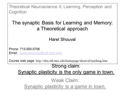 Strong claim: Synaptic plasticity is the only game in town. Weak Claim: Synaptic plasticity is a game in town. Theoretical Neuroscience II: Learning, Perception.