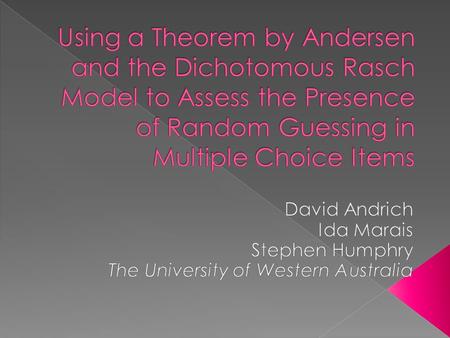  Random Guessing › A function of the proficiency of a person relative to the difficulty of an item(Waller, 1973, 1976, 1989) › Not a property of an item.