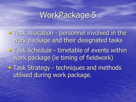 WorkPackage 5 Task Allocation - personnel involved in the work package and their designated tasks Task Allocation - personnel involved in the work package.