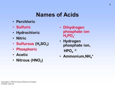 1 Copyright (c) 1999 by Harcourt Brace & Company All rights reserved Names of Acids Perchloric Sulfuric Hydrochloric Nitric Sulfurous (H 2 SO 3 ) Phosphoric.