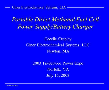 Portable Direct Methanol Fuel Cell Power Supply/Battery Charger