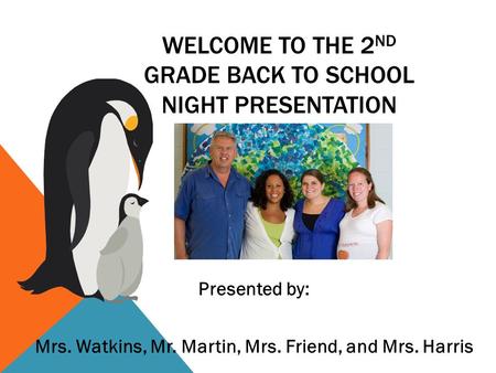 WELCOME TO THE 2 ND GRADE BACK TO SCHOOL NIGHT PRESENTATION Presented by: Mrs. Watkins, Mr. Martin, Mrs. Friend, and Mrs. Harris.