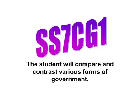 The student will compare and contrast various forms of government.