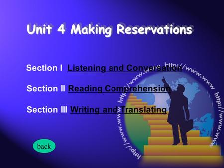 Section I Listening and ConversationListening and Conversation Section II Reading ComprehensionReading Comprehension Section III Writing and TranslatingWriting.