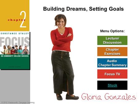 © 2012 Wadsworth, Cengage Learning Menu Options: Focus TV Focus TV Lecture/ Discussion Chapter Exercises Audio Chapter Summary Chapter Summary Stuck Building.