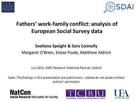 Fathers’ work-family conflict: analysis of European Social Survey data Svetlana Speight & Sara Connolly Margaret O’Brien, Eloise Poole, Matthew Aldrich.