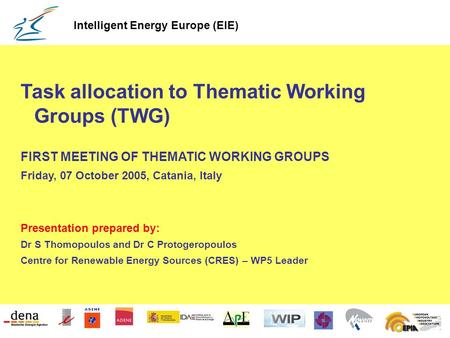 1 Task allocation to Thematic Working Groups (TWG) FIRST MEETING OF THEMATIC WORKING GROUPS Friday, 07 October 2005, Catania, Italy Presentation prepared.