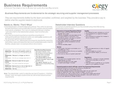 © 2013 eXegy Partners LLC – All Rights Reserved Page 1 Business Requirements A Hints and Tips sheet on how to develop high quality Business Requirements.