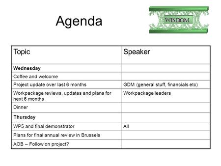 Agenda TopicSpeaker Wednesday Coffee and welcome Project update over last 6 monthsGDM (general stuff, financials etc) Workpackage reviews, updates and.