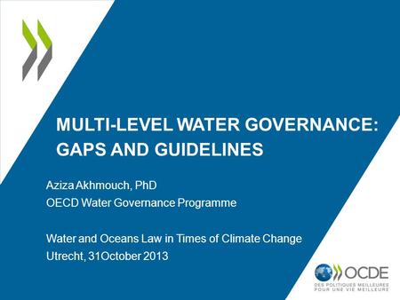 MULTI-LEVEL WATER GOVERNANCE: GAPS AND GUIDELINES Aziza Akhmouch, PhD OECD Water Governance Programme Water and Oceans Law in Times of Climate Change Utrecht,