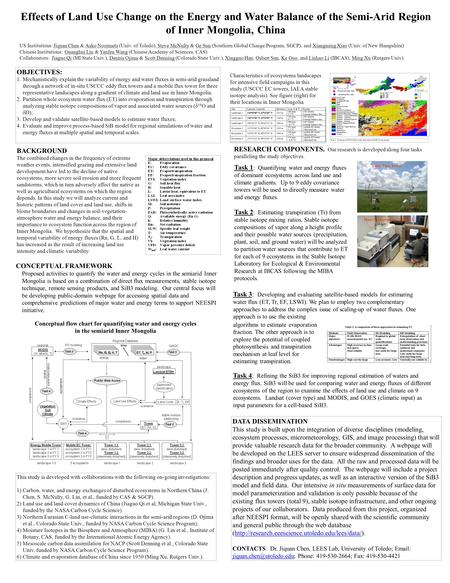 Effects of Land Use Change on the Energy and Water Balance of the Semi-Arid Region of Inner Mongolia, China US Institutions: Jiquan Chen & Asko Noormets.